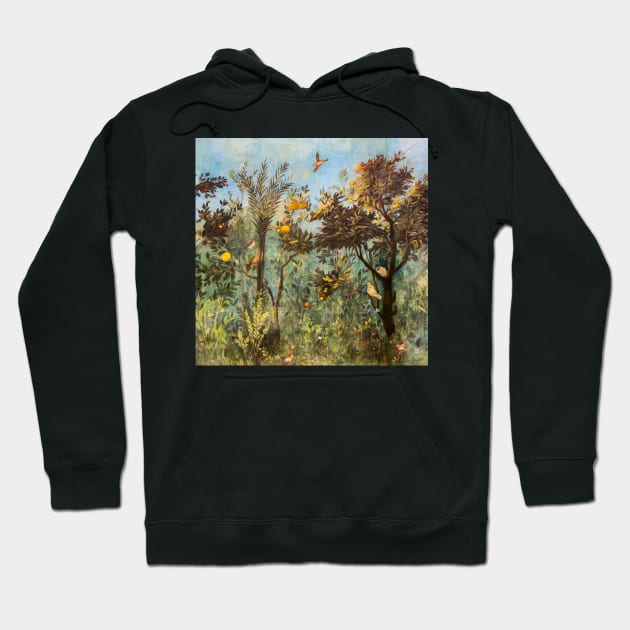 ANTIQUE ROMAN WALL PAINTING Flower Garden,Flying Birds ,Quince and Apple Trees Hoodie by BulganLumini